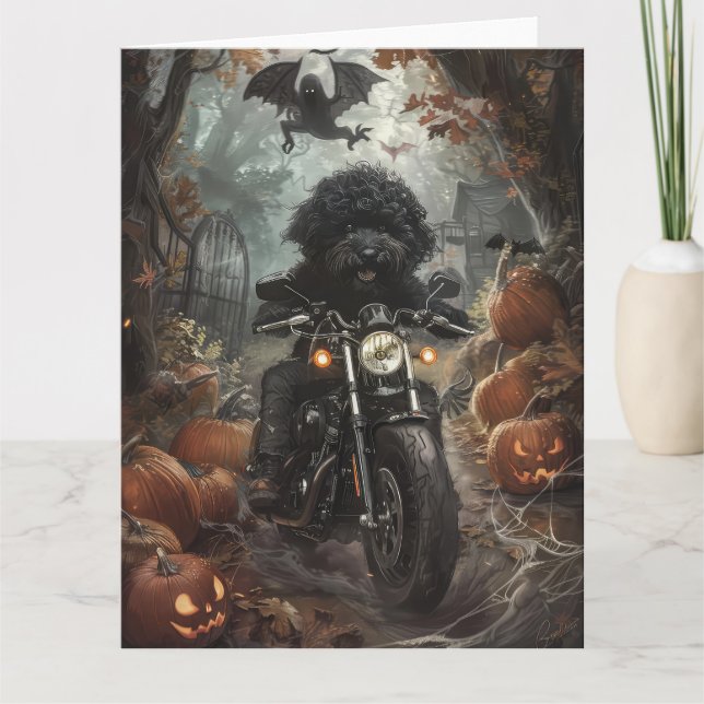 Carte Bernedoodle Riding Moto Halloween effrayant (Devant)