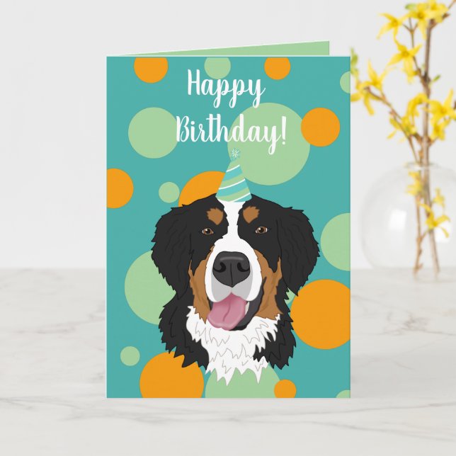 Carte Bernese Mountain Dog Anniversaire (Fleur jaune)