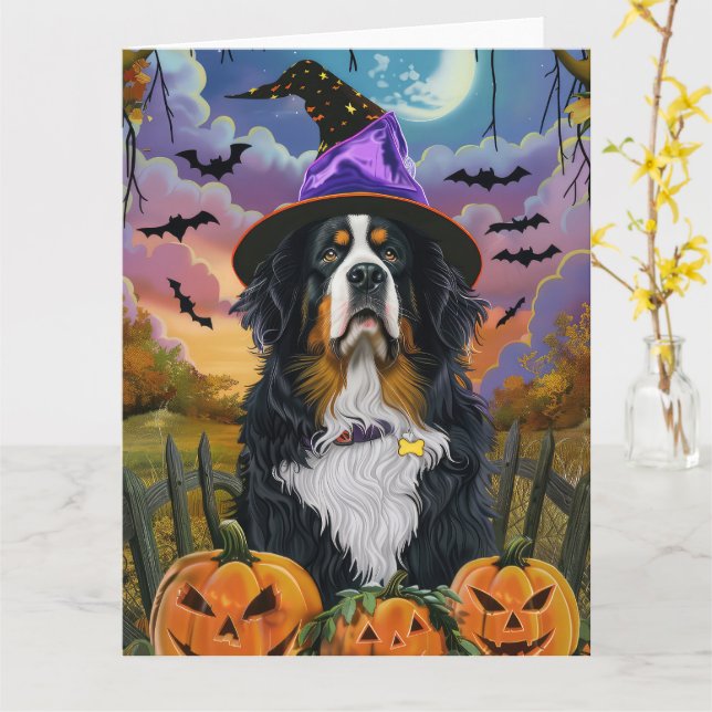 Carte Bernese Mountain effrayant Halloween Sorcière Citr (Fleur jaune)