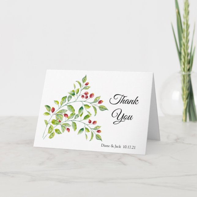 Carte Berries roses et Merci Mariage de feuillage vert (Devant)