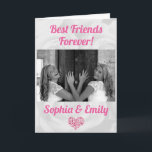 Carte Best Friends Besties BFF Anniversaire Ajouter des<br><div class="desc">Votre bestie adorera obtenir cette carte pour son anniversaire ! Personnalisez en ajoutant une photo de vous et de votre meilleur ami et les noms de votre choix. Un motif arrière - plan rose blanc et un coeur composé de petits coeurs complètent le design. Vous pouvez créer un message personnalisé...</div>