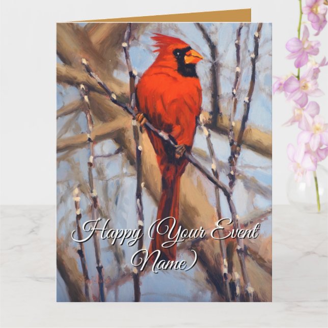 Carte Beutiful Red Cardinal Bird Perched on a Branch (Orchidée)