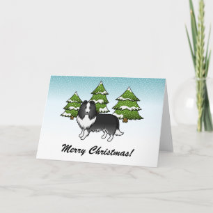 Carte Bi-Black Sheltie Dessin Chien En Hiver & Texte