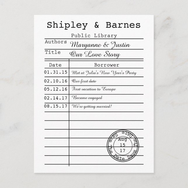 Carte Bibliothèque vintage Enregistrer la date (Devant)