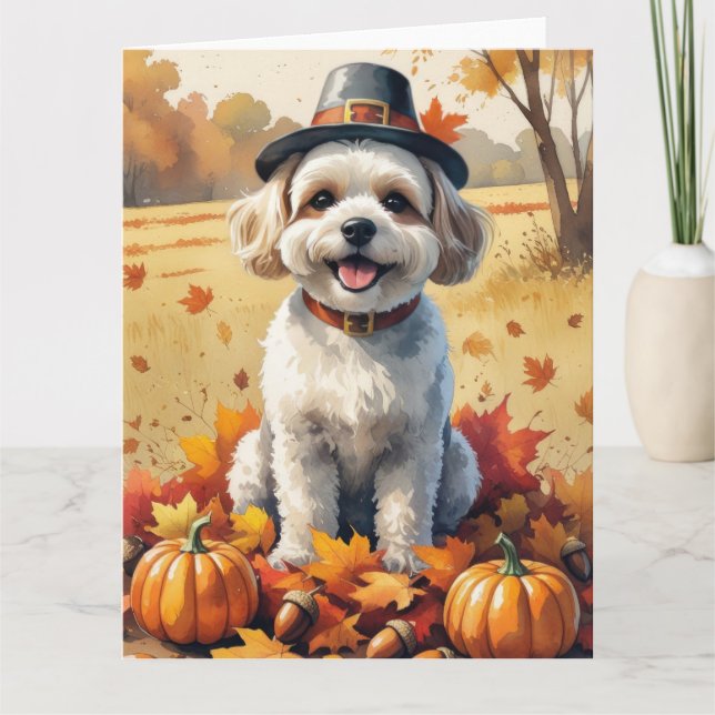 Carte Bichon Frise À L'Automne Feuilles Thanksgiving Art (Devant)