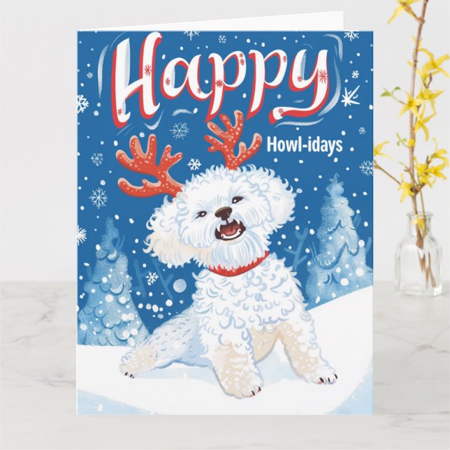 Carte Bichon Frise à Noël de neige (Fleur jaune)