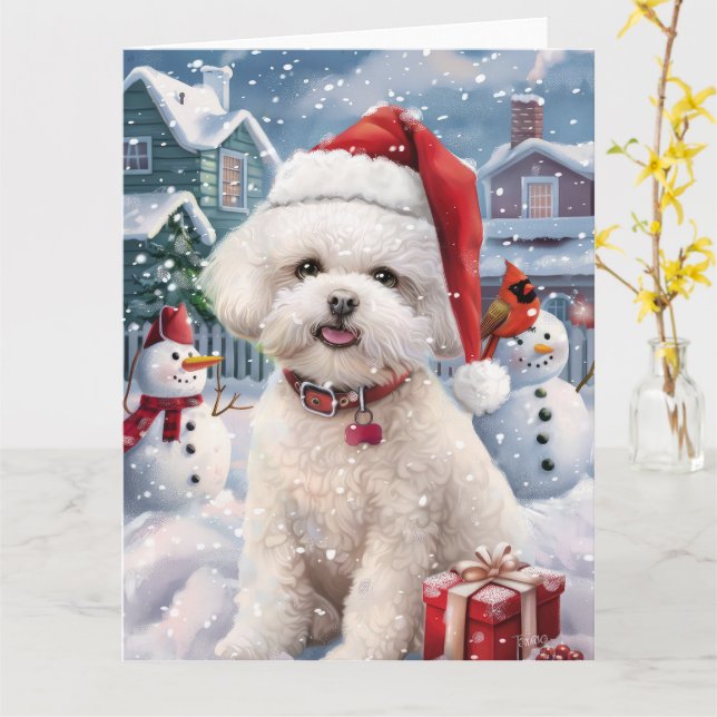 Carte Bichon Frise Chien Hiver Merveilles Pays de Noël J (Fleur jaune)