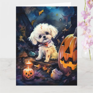 Carte Bichon Frise Halloween avec citrouilles effrayante