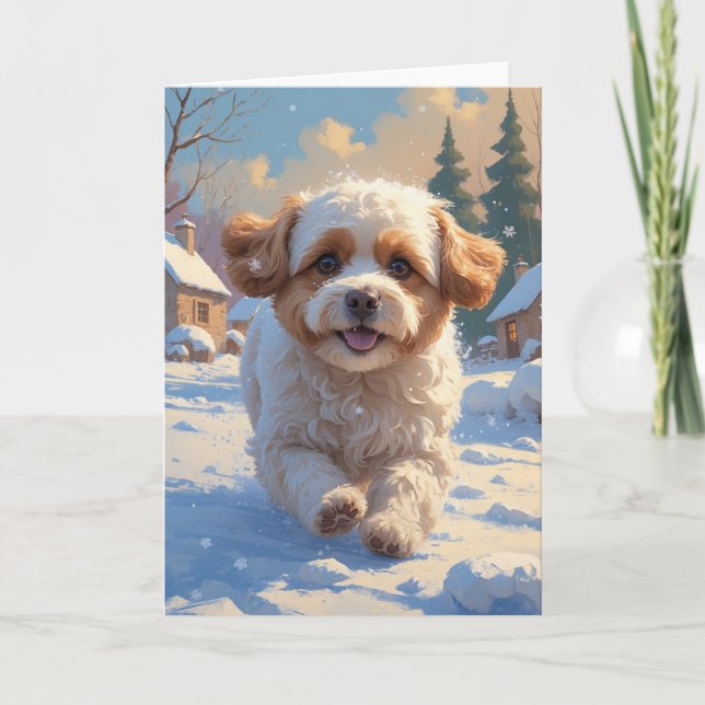 Carte Bichon Frise Noël Scène de neige peinture (Devant)