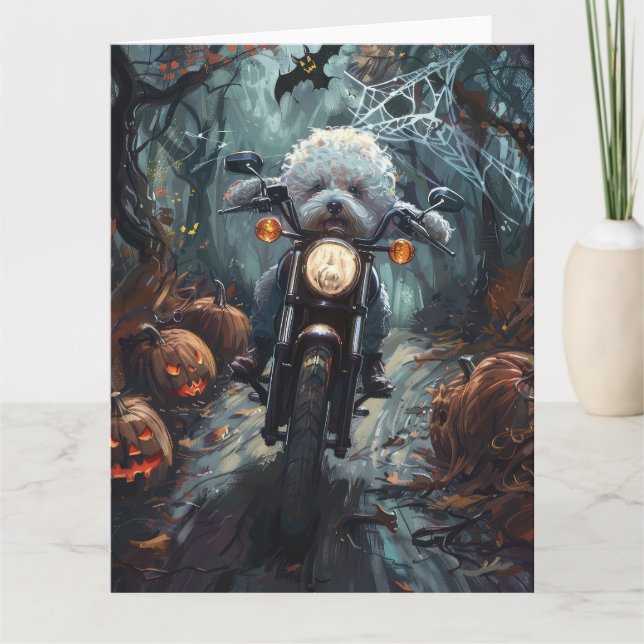 Carte Bichon Frise Riding Moto Halloween Scandale (Devant)