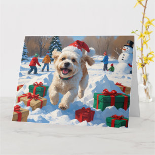 Carte Bichon Frise Scène de Noël enneigée festive