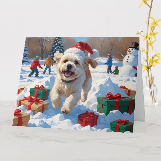 Carte Bichon Frise Scène de Noël enneigée festive (Fleur jaune)