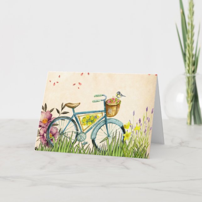 Carte Bicycle bleu Fleurs roses & Oiseau jaune (Devant)