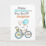 Carte Bicycle floral basket whimsical ballon birthday ca<br><div class="desc">A beautiful illustration of a hand drawn bicycle that has flowers on its wheels ; a basket with oodle daisy flowers and two balloons tied to its saddle in shades of pastel peach orange, blue and yellow. The words, happy birthday to a very special daughter (which may be changed to...</div>