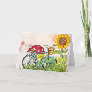 Carte Bicyclette Bleue Tournesol jaune Oiseau de champig