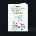 Carte Bicyclette floral panier whimsal ballon anniversai<br><div class="desc">A beautiful illustration of a hand drawn bicycle that has flowers on its wheels; a basket with oodle daisy flowers and two balloons tied to its saddle in shades of pastel peach orange, blue and yellow. The words, happy birthday to a very special daughter (which may be changed to granddaughter,...</div>
