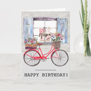 Carte Bicyclette rouge avec panier à fleurs Anniversaire