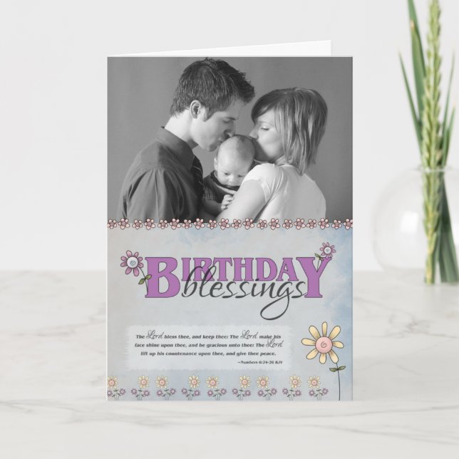 Carte Bienheureux Anniversaire fleurs & Bible verse phot (Devant)