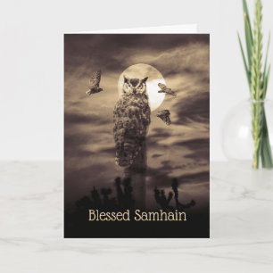 Carte Bienheureux Samhain avec Hibou et poème