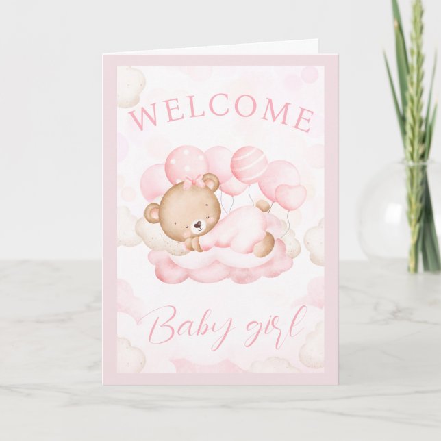 Carte Bienvenue Baby Girl Custom Name Pink Bear Card (Devant)