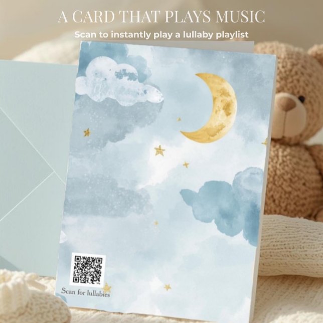 Carte Bienvenue bébé code QR lune aquarelle bleu berceus (Boho blue watercolor moon card—scan to instantly play calming music and lullabies.)