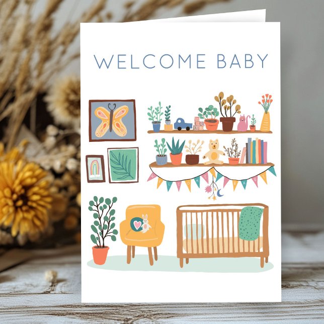 Carte BIENVENUE BÉBÉ Cute Nursery Hommes et femmes Congr (WELCOME BABY Cute Nursery Gender Neutral Congratulations Card
)