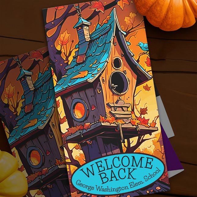 Carte Bienvenue Retour Enseignants Automne Birdhouse Sch (Welcome back to school bird house schoolhouse fall leaves greeting card)