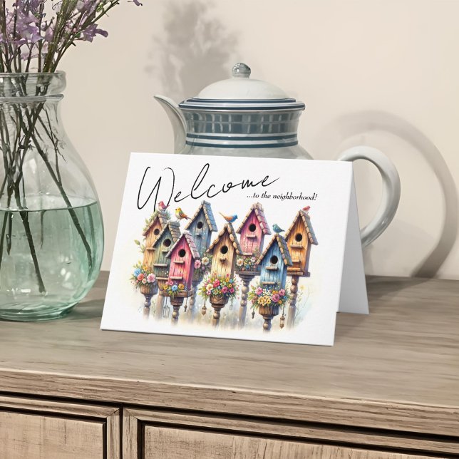 Carte Bienvenue Voisin Charme Rustique Birdhouse Pastel (Charming birdhouse neighborhood welcome new neighbors greeting card in Spring pastel watercolor)