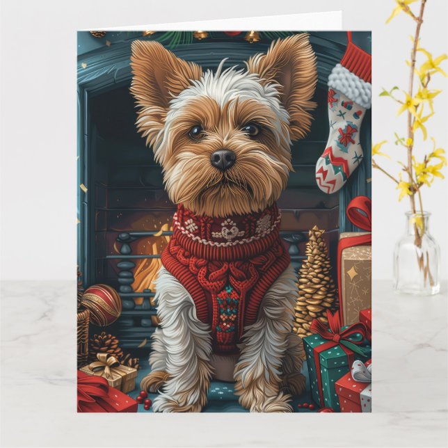 Carte Biewer Terrier Chien avec Cheminée Cadeaux de Noël (Fleur jaune)