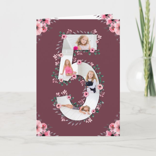 Carte Big 5th Birthday Girl Photo Collage Fleur rose (Devant)