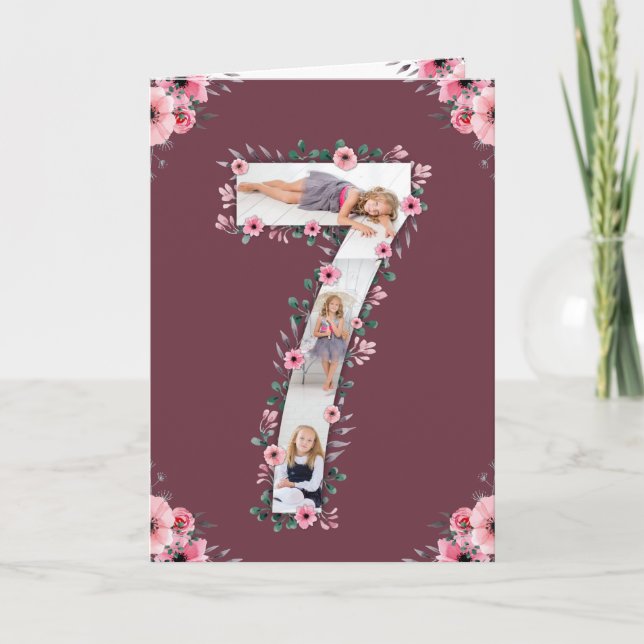 Carte Big 7th Birthday Girl Photo Collage Fleur rose (Devant)