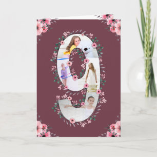 Carte Big 9th Birthday Girl Photo Collage Fleur rose