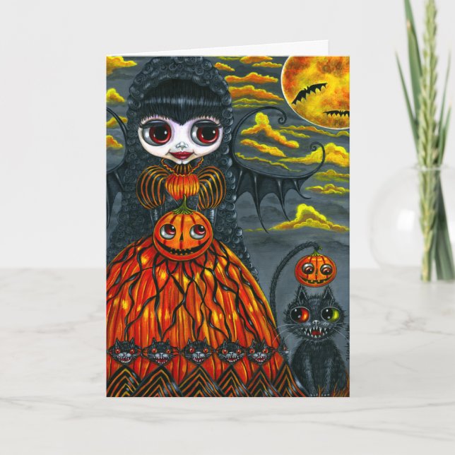 Carte Big Eye Halloween Chat Fée et noir Chat Cute (Devant)