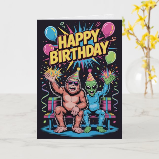Carte Bigfoot Alien Birthday Card Funny Cryptid UFO  (Fleur jaune)