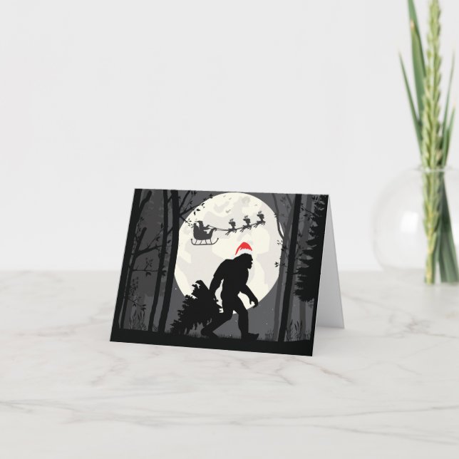 Carte Bigfoot drôle de Noël avec le Père Noël dans la fo (Devant)
