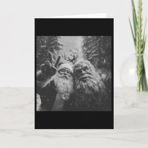 Carte Bigfoot vintage selfie de Noël avec le Père Noël 
