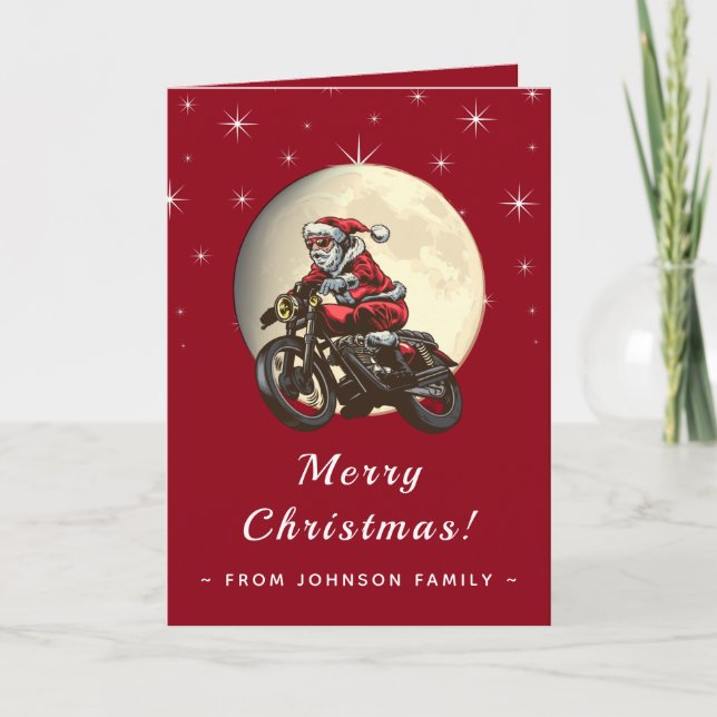 Carte Biker Père Noël équitation une moto Lune Ciel fonc (Devant)
