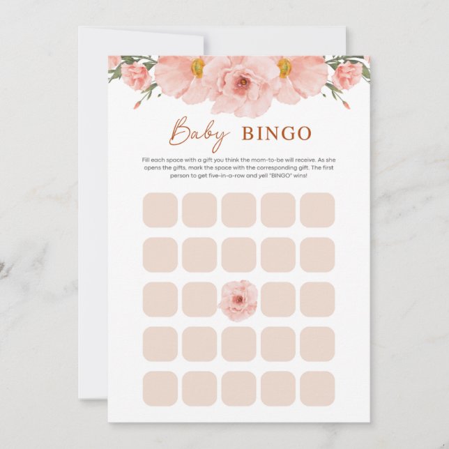 Carte BINGO Baby Shower Fleur de Pêche (Devant)
