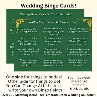 Carte BINGO de mariage ! Jeu pour invités Vert émeraude