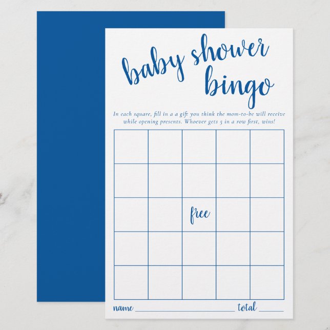 Carte Bingo simple | Jeu de Baby shower bleu class (Devant / Derrière)