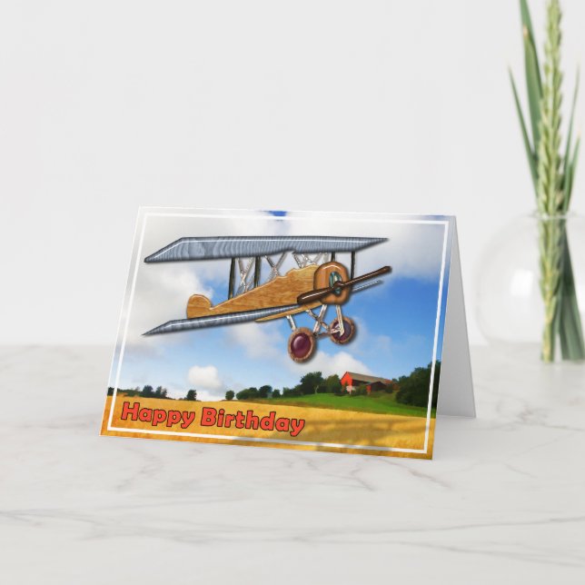 Carte Biplan en bois au-dessus de joyeux anniversaire de (Devant)
