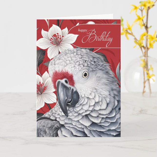 Carte Birthday African Grey Parrot Red and White Lilies (Fleur jaune)