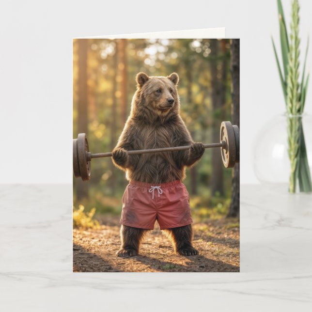 Carte Birthday Bear Lifting Weights In a Sunny Forest (Devant)