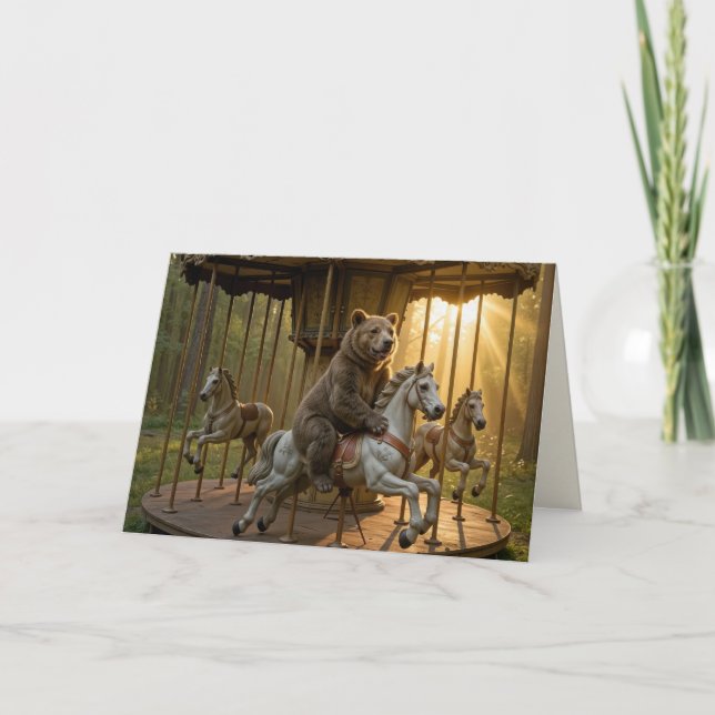 Carte Birthday Bear Riding on a Carousel (Devant)