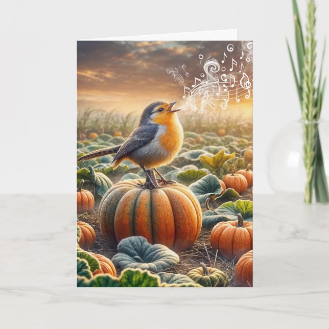 Carte Birthday Bird Singing sur un Citrouille (Devant)