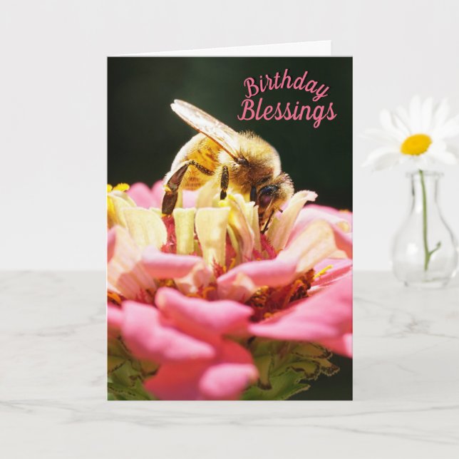 Carte Birthday Blessings Honeybee on Pink Zinnia Flower (Petite plante)