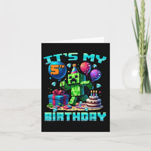 Carte Birthday Boy Son 5e Anniversaire Gamer Pixel Numér (Devant)