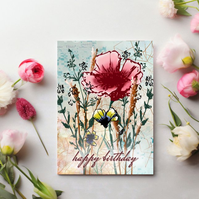 Carte Birthday Card: Mixed Media Wildflower  (Happy Birthday! Elegant floral design with a touch of mixed media.)