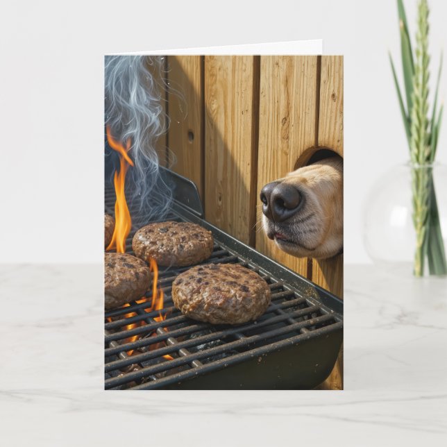 Carte Birthday Dog Sniffing Hamburgers On a Grill (Devant)