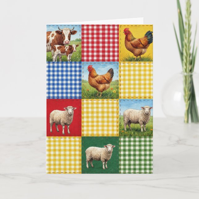 Carte Birthday Farm Animals and Gingham Patchwork Quilt (Devant)